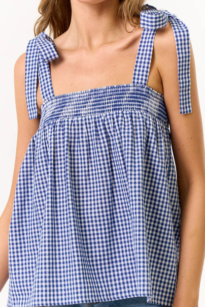 Blue Blush GINGHAM SHOULDER TIE TOP