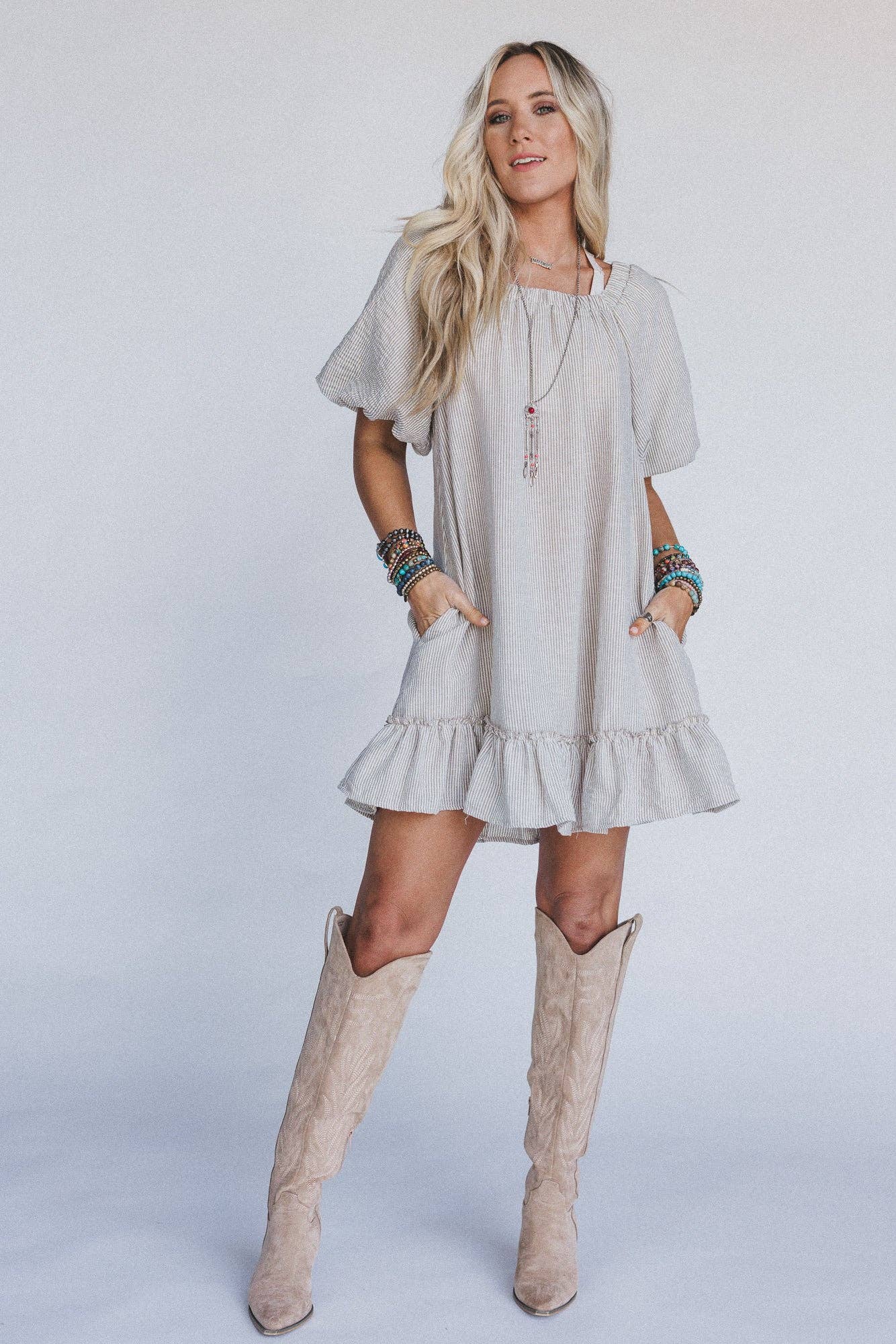 Three Bird Nest Solace Ruffled Hem Dress - Natural