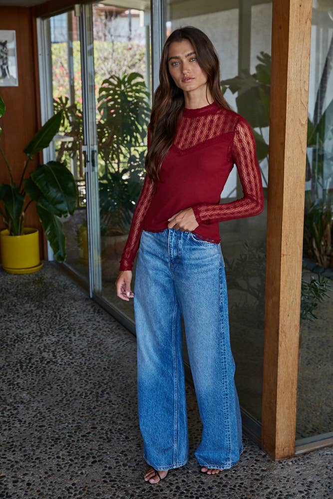 By Together Going Out Lace Long Sleeve Ruby Red L