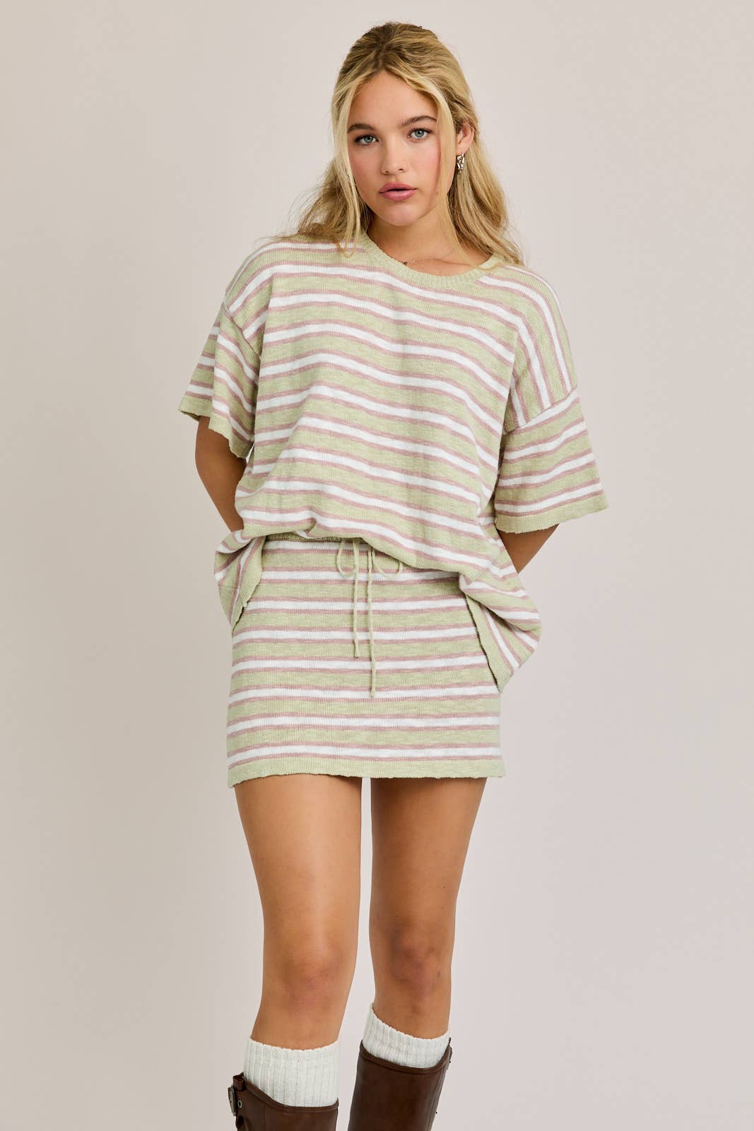 LE LIS CREW NECK STRIPED OVERSIZED SWEATER TOP WITH MINI SKIRT SET SAGE-MULTI STRIPE