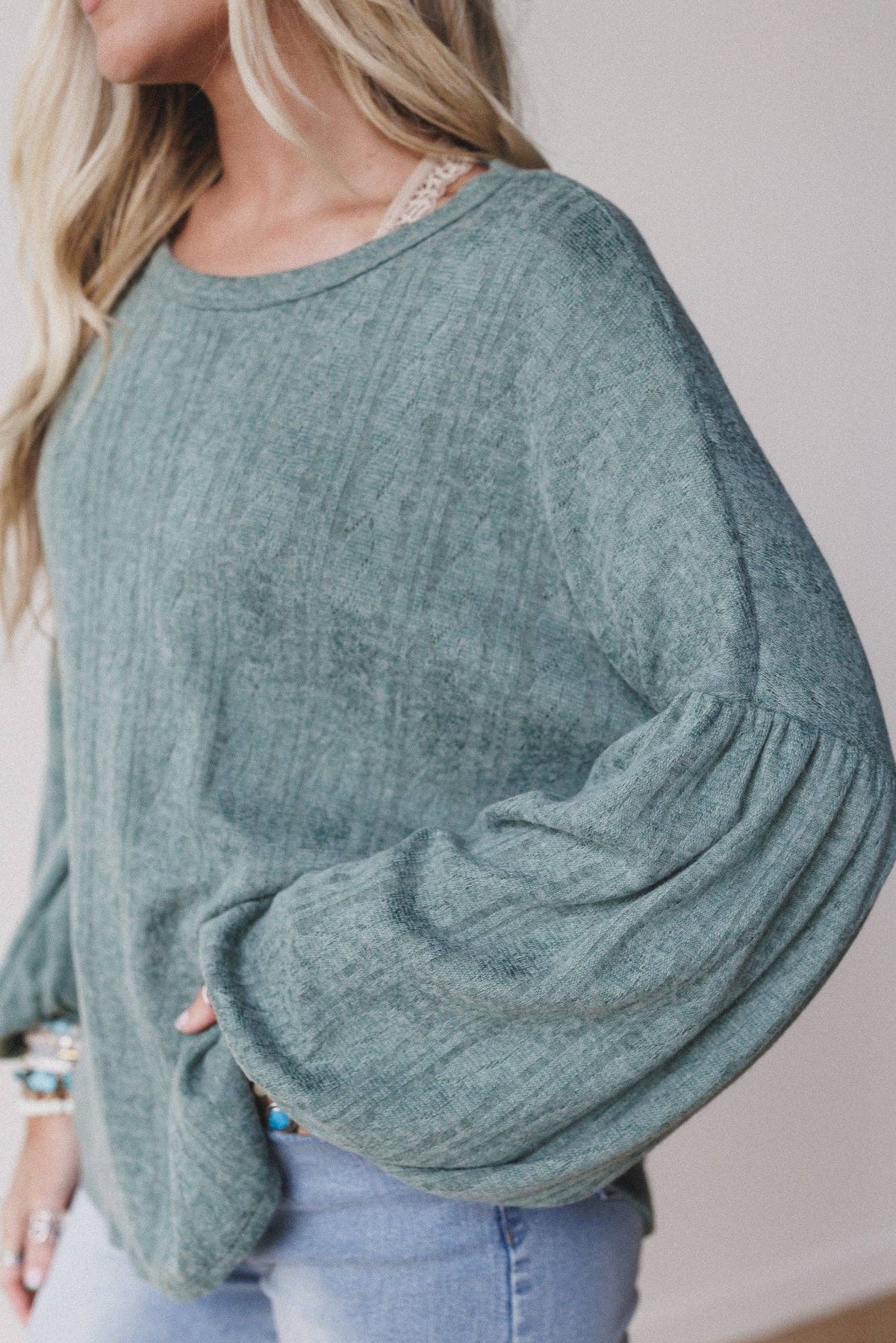 Three Bird Nest Sweet Heart Balloon Sleeve Knit Sweater - Olive