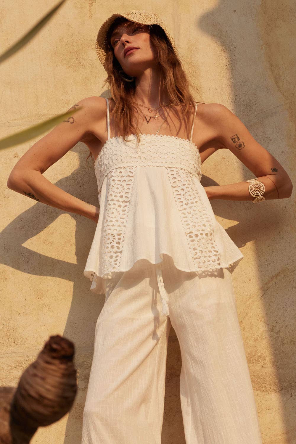 Promesa USA COTTON AND CROCHET LACE BABYDOLL CAMI TOP OFF WHITE