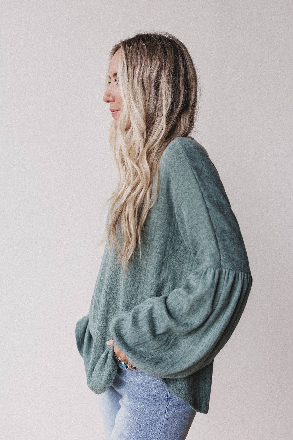 Three Bird Nest Sweet Heart Balloon Sleeve Knit Sweater - Olive