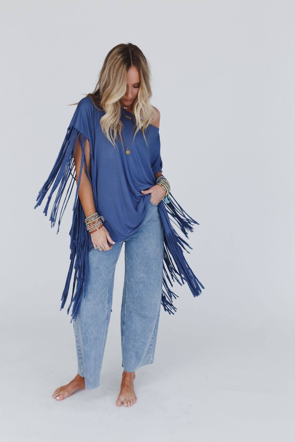 Three Bird Nest Western Showstopper Fringe Top - Denim