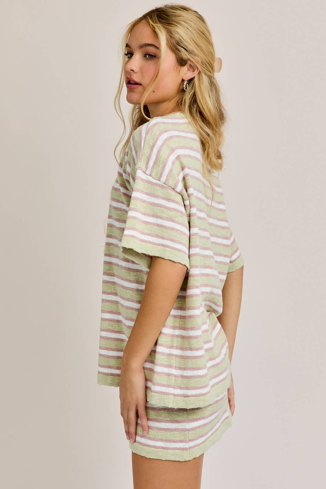 LE LIS CREW NECK STRIPED OVERSIZED SWEATER TOP WITH MINI SKIRT SET