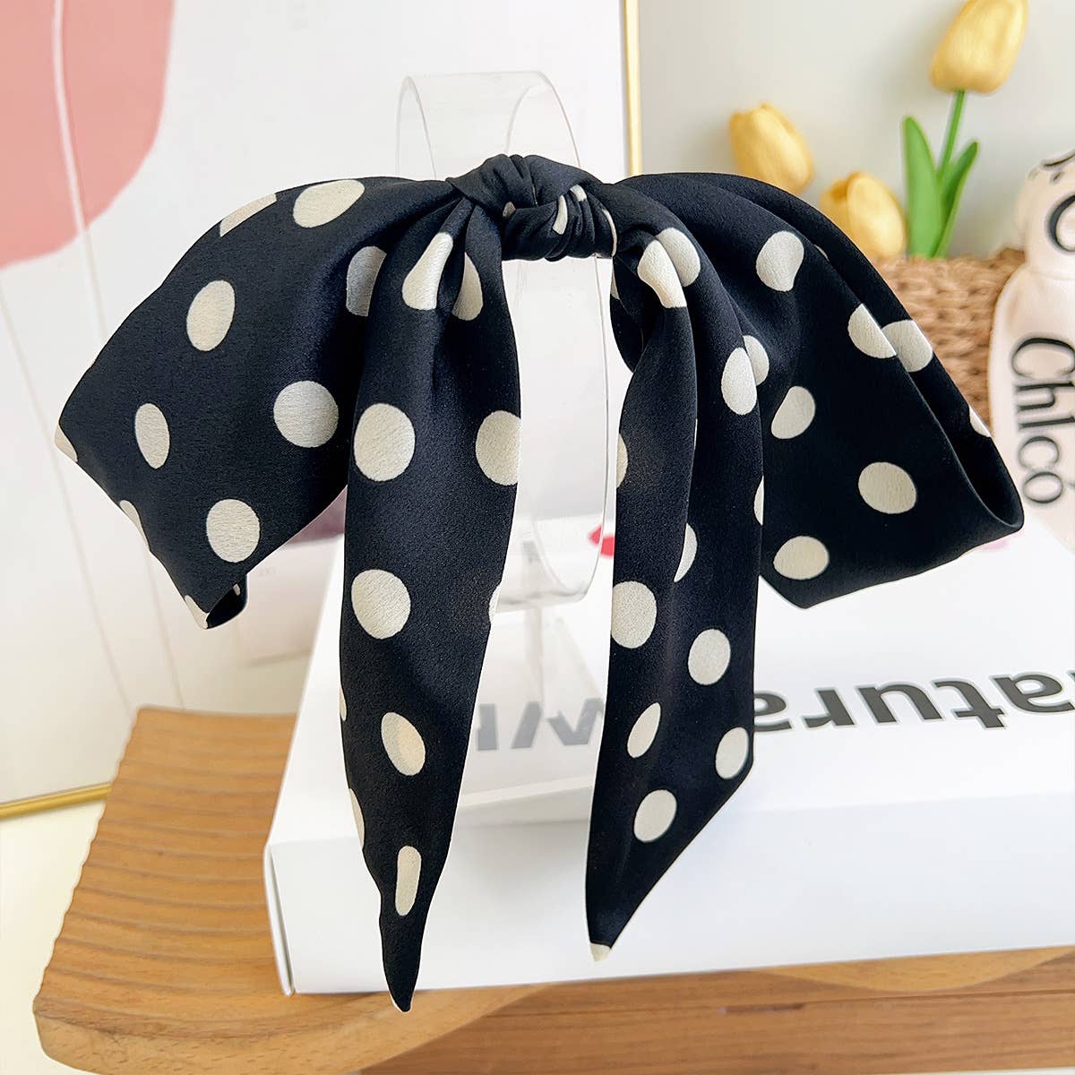 Adorro Polka Dot Ribbon Bow French Barrette Clip Navy - Large Dot