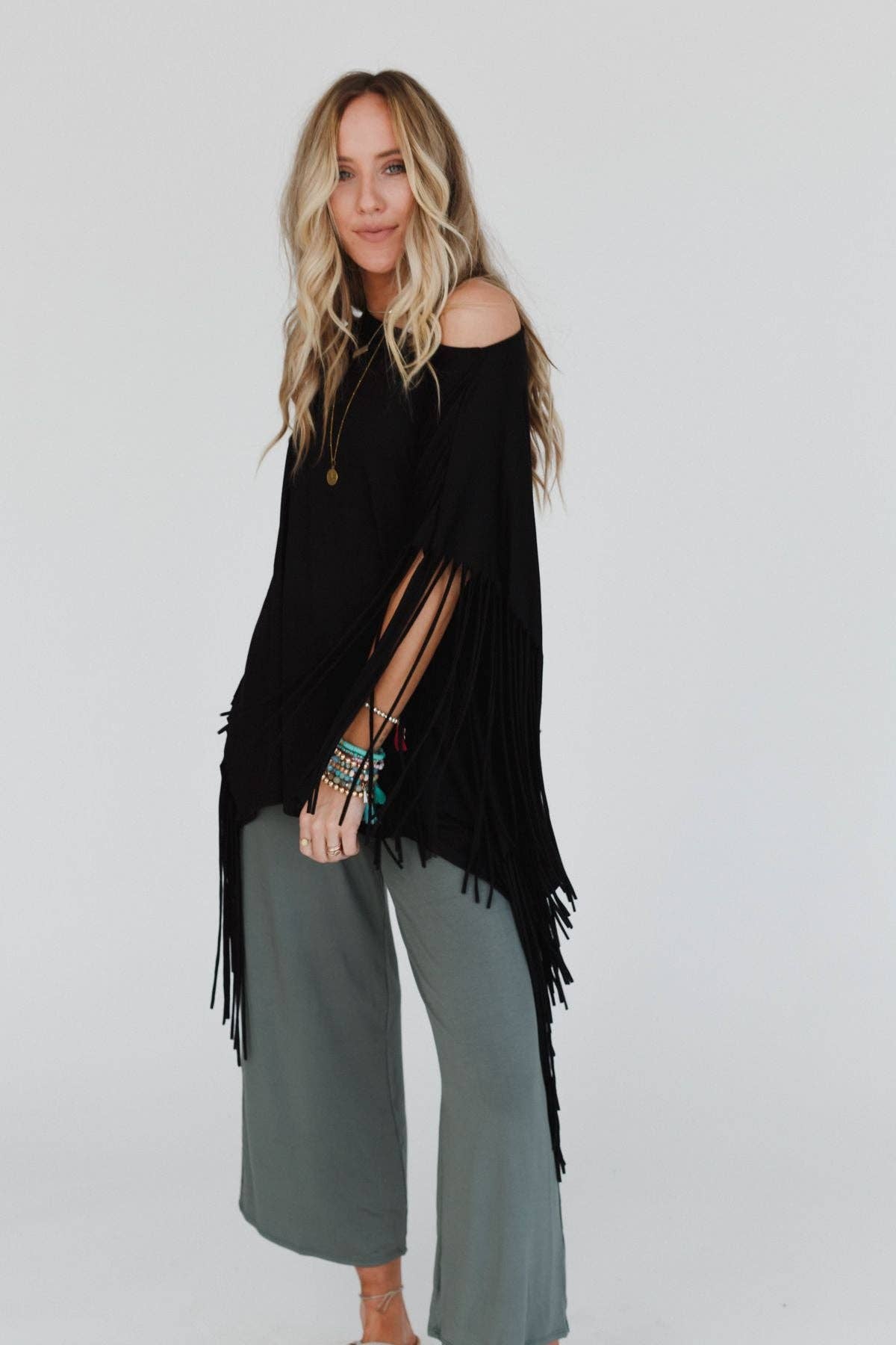 Three Bird Nest SHOWSTOPPER FRINGE TOP - BLACK