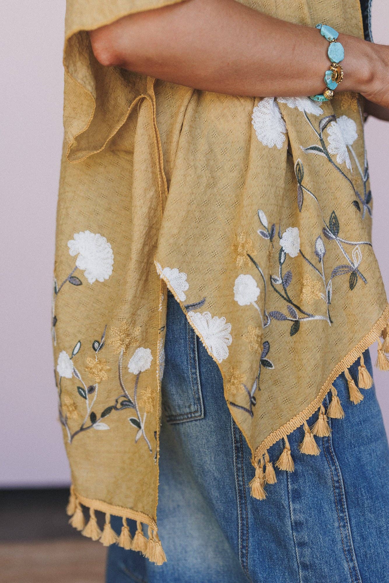 Three Bird Nest Secret Meadow Embroidered Kimono - Mustard