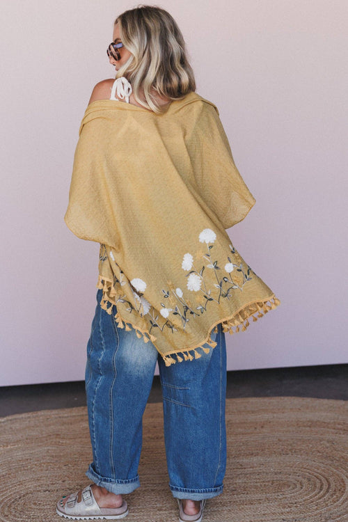 Three Bird Nest Secret Meadow Embroidered Kimono - Mustard