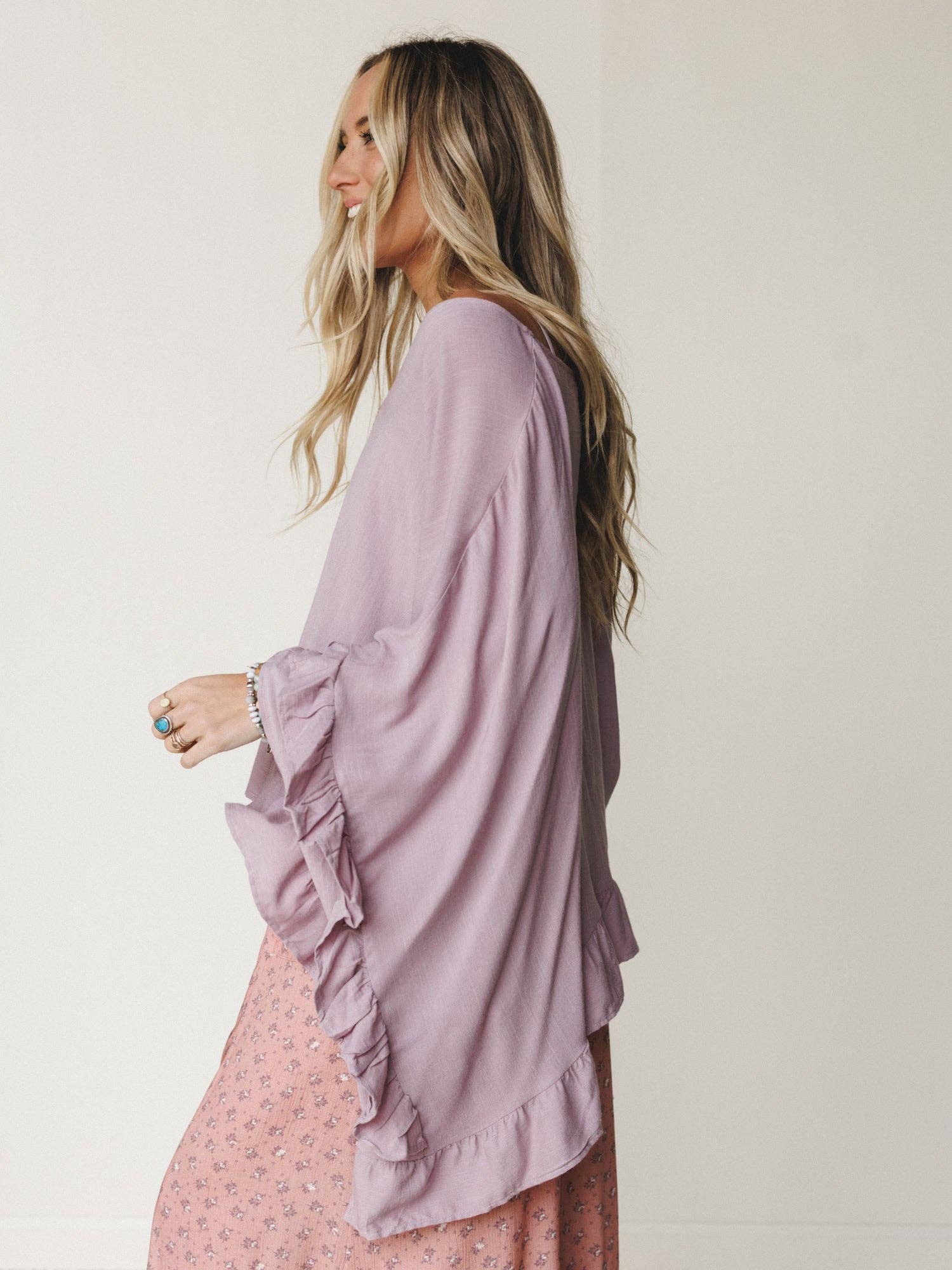 Three Bird Nest Let Me Ruffled Poncho Top - Pale Plum