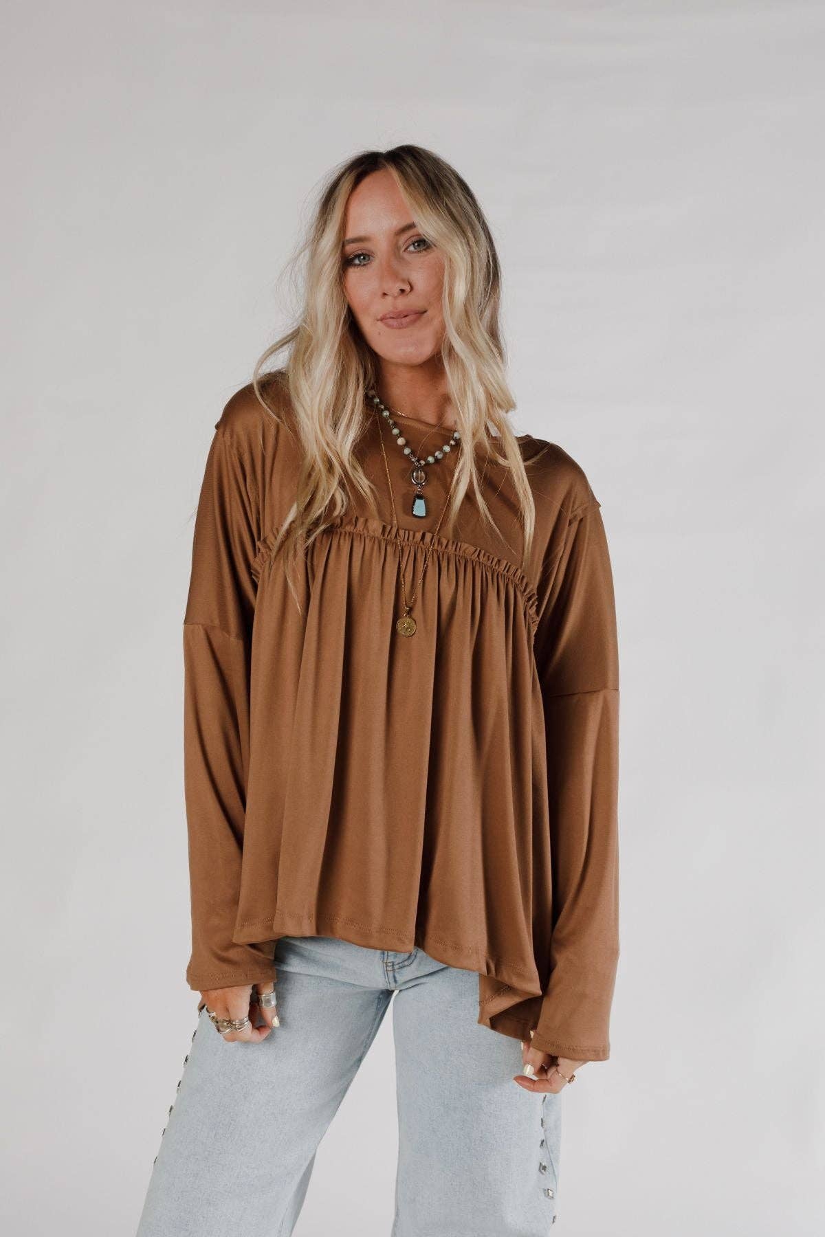 Three Bird Nest Solid Serenity Long Sleeve Babydoll Top - Chestnut