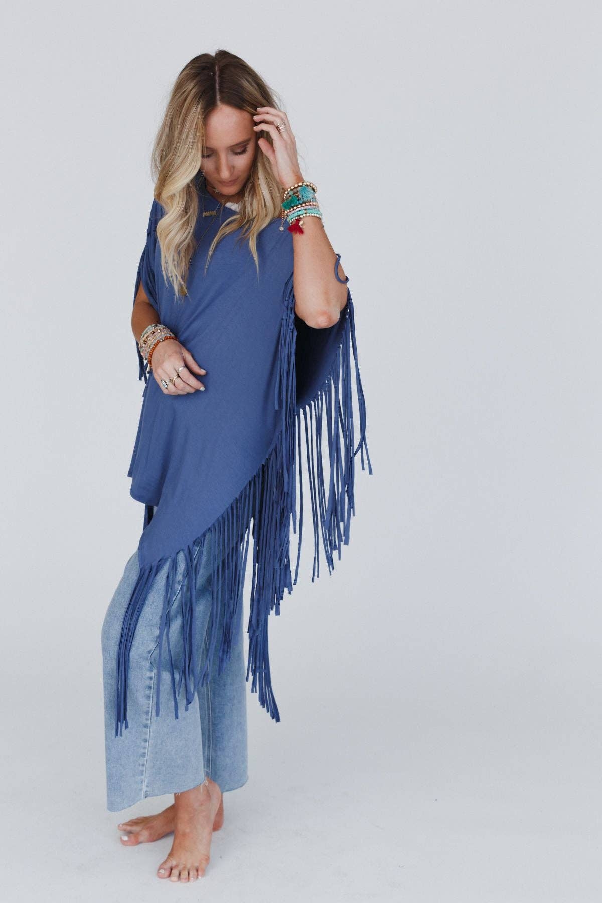 Three Bird Nest Western Showstopper Fringe Top - Denim