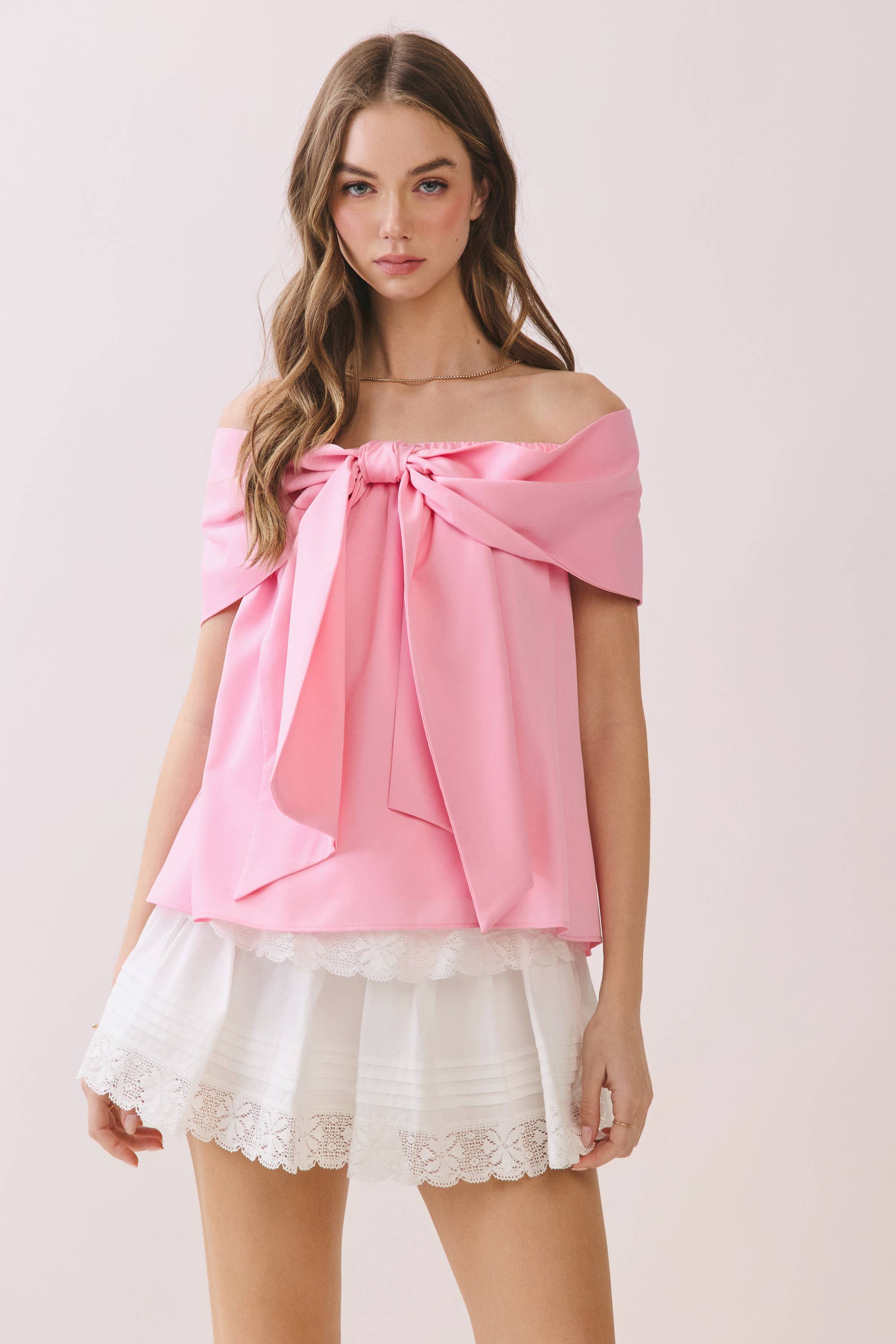 TCEC CT9079-Bow Accented Off The Shoulder Top
