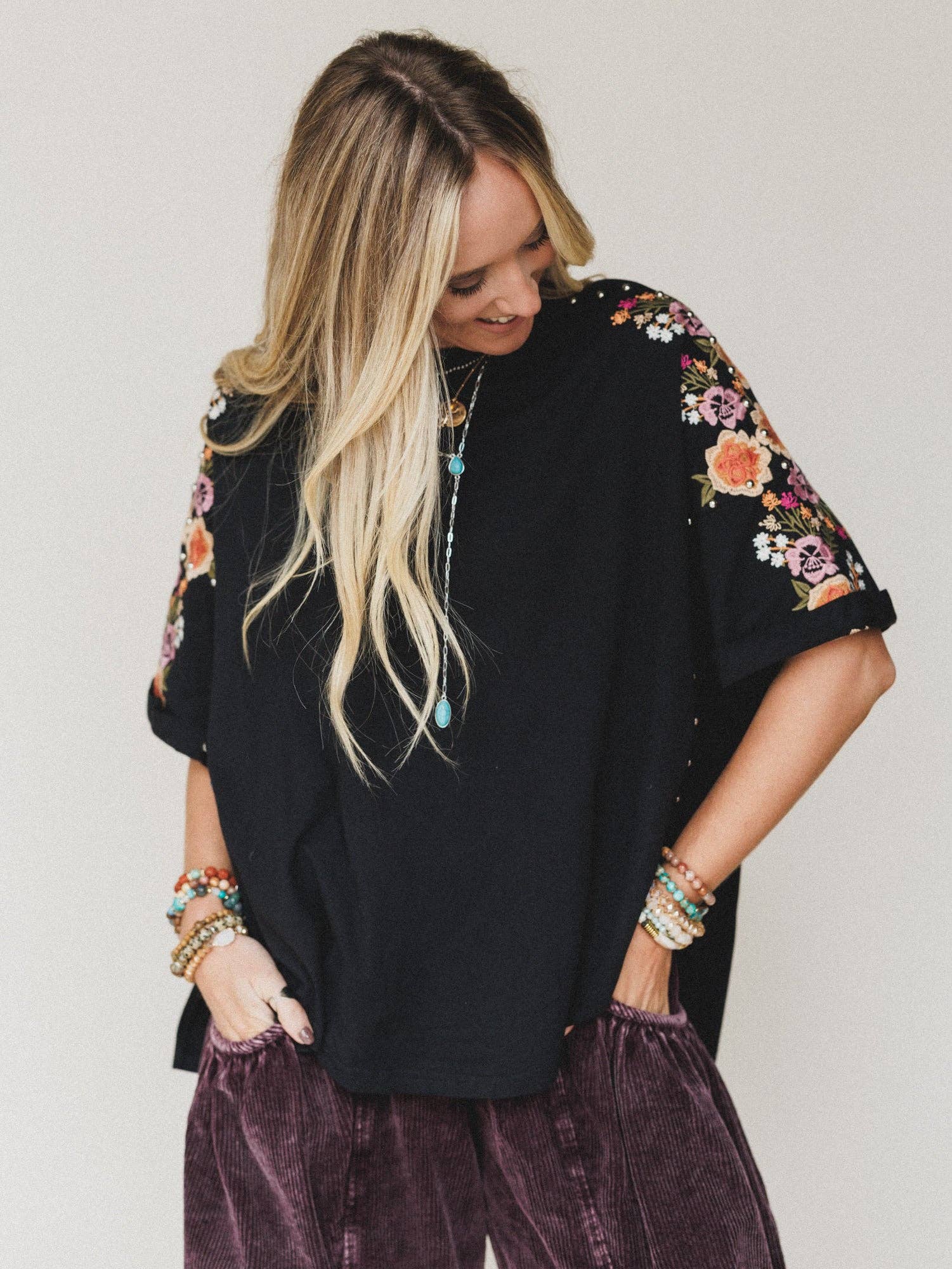 Three Bird Nest Tomcat Studded High Low Top - Black Floral Embroidery Black Floral Embroidery