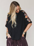 Three Bird Nest Tomcat Studded High Low Top - Black Floral Embroidery Black Floral Embroidery