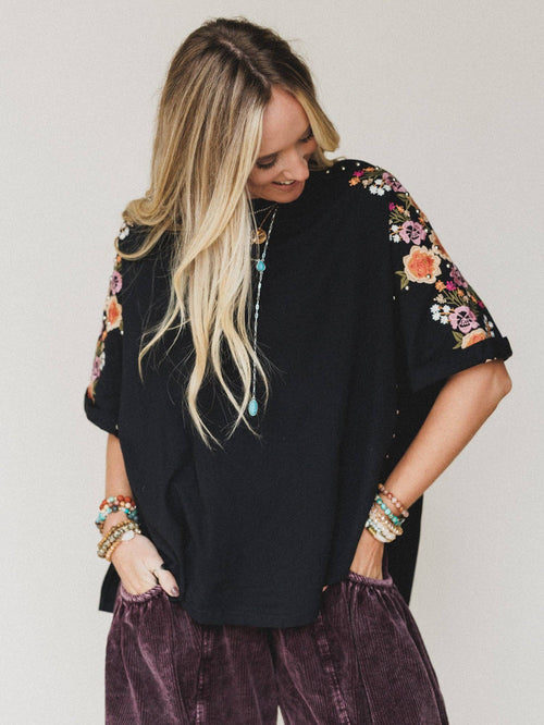 Three Bird Nest Tomcat Studded High Low Top - Black Floral Embroidery Black Floral Embroidery