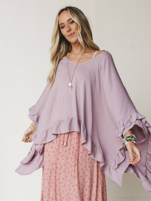 Three Bird Nest Let Me Ruffled Poncho Top - Pale Plum