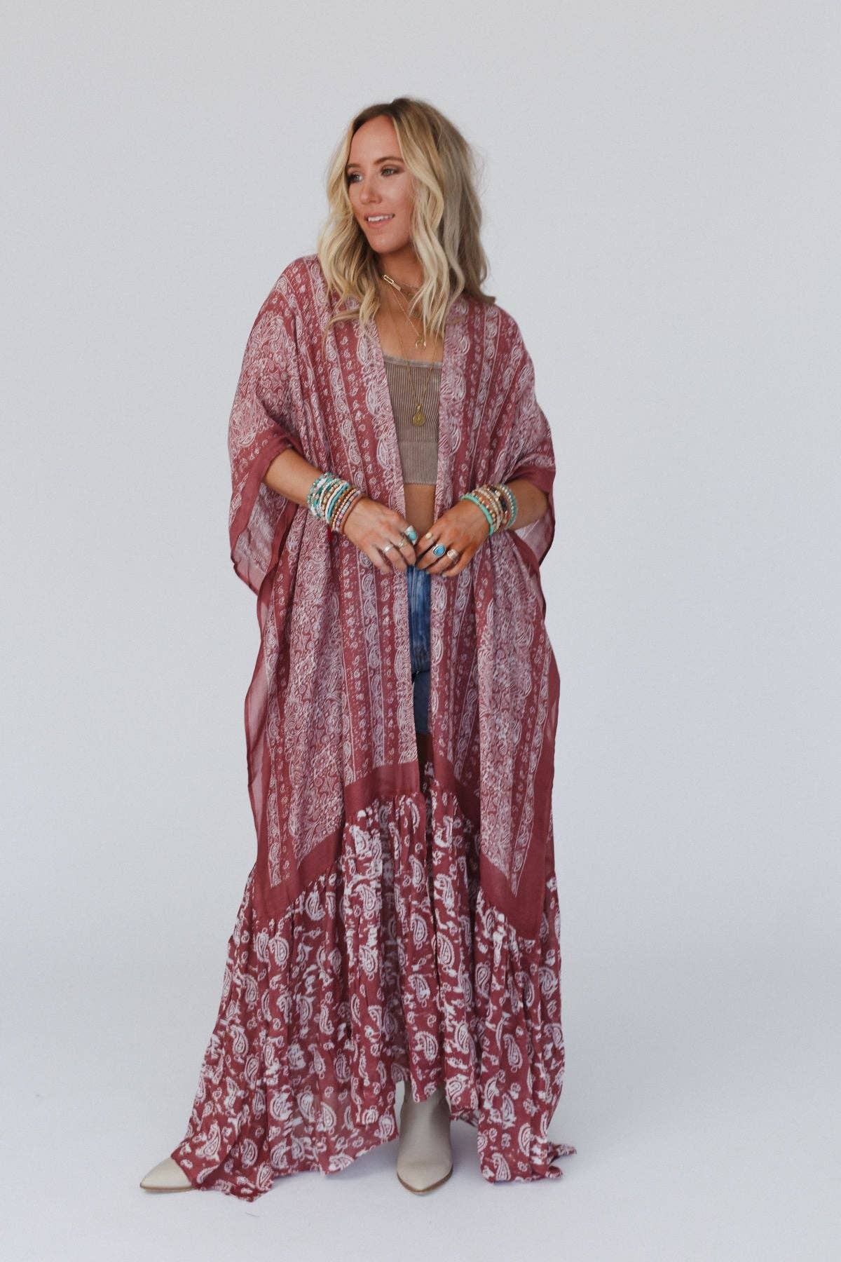 Three Bird Nest Paisley Tapestry Free Flow Duster - Wine