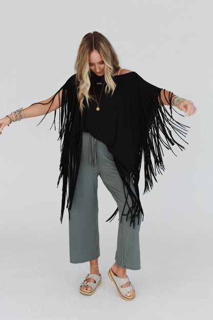 Three Bird Nest SHOWSTOPPER FRINGE TOP - BLACK