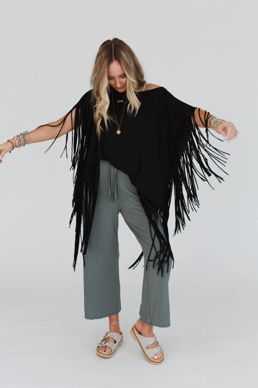 Three Bird Nest SHOWSTOPPER FRINGE TOP - BLACK