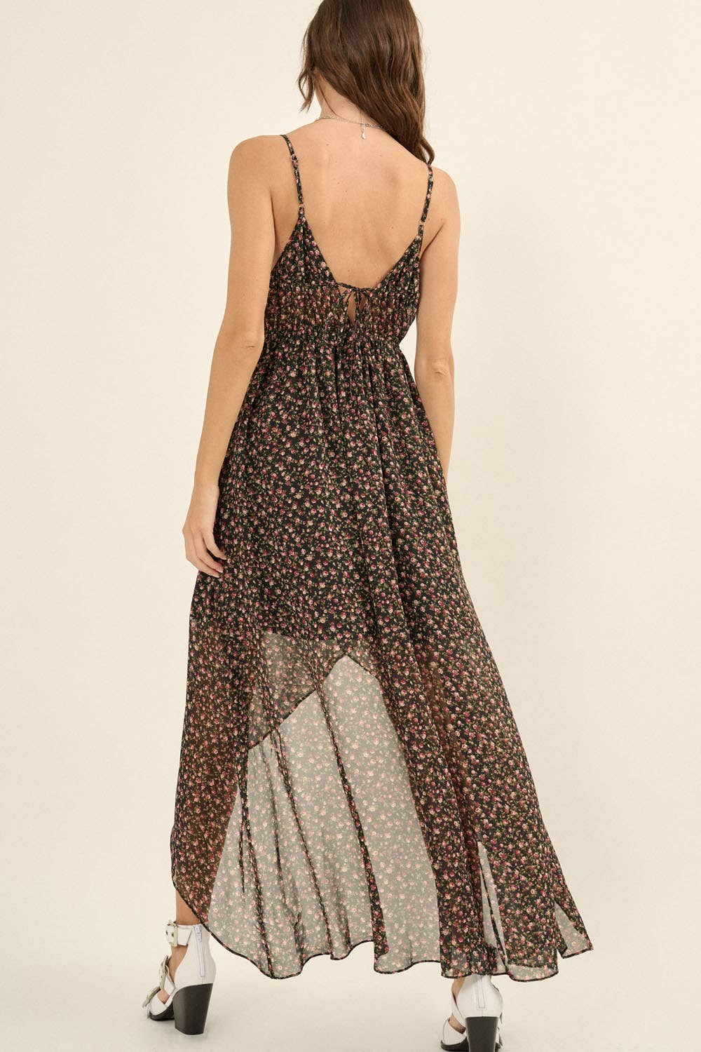 Promesa USA Floral Chiffon Plunge V Neck Cami Strap Midi Dress