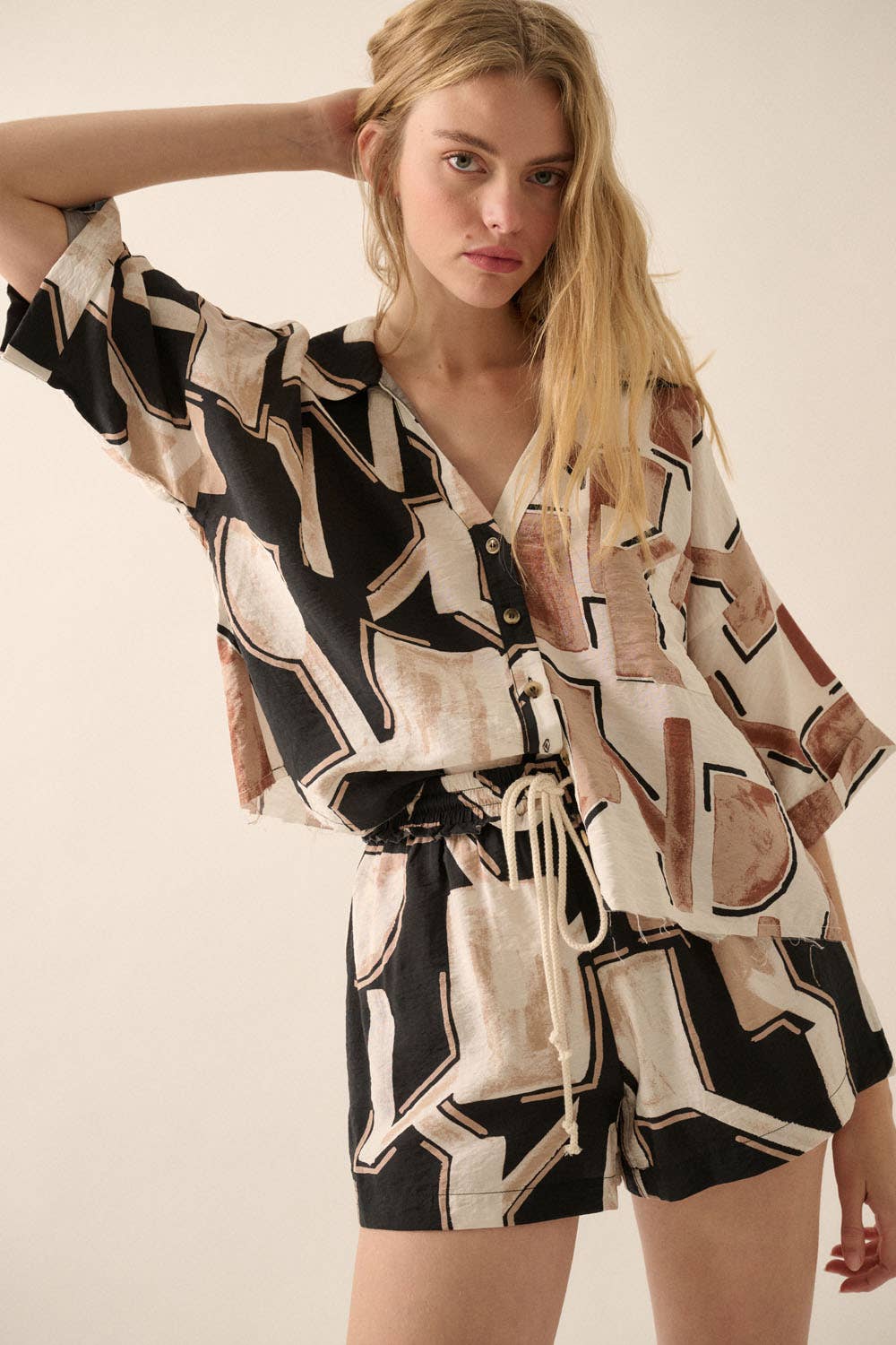 Promesa USA Abstract-Print Colorblock 3/4-Sleeve Shirt