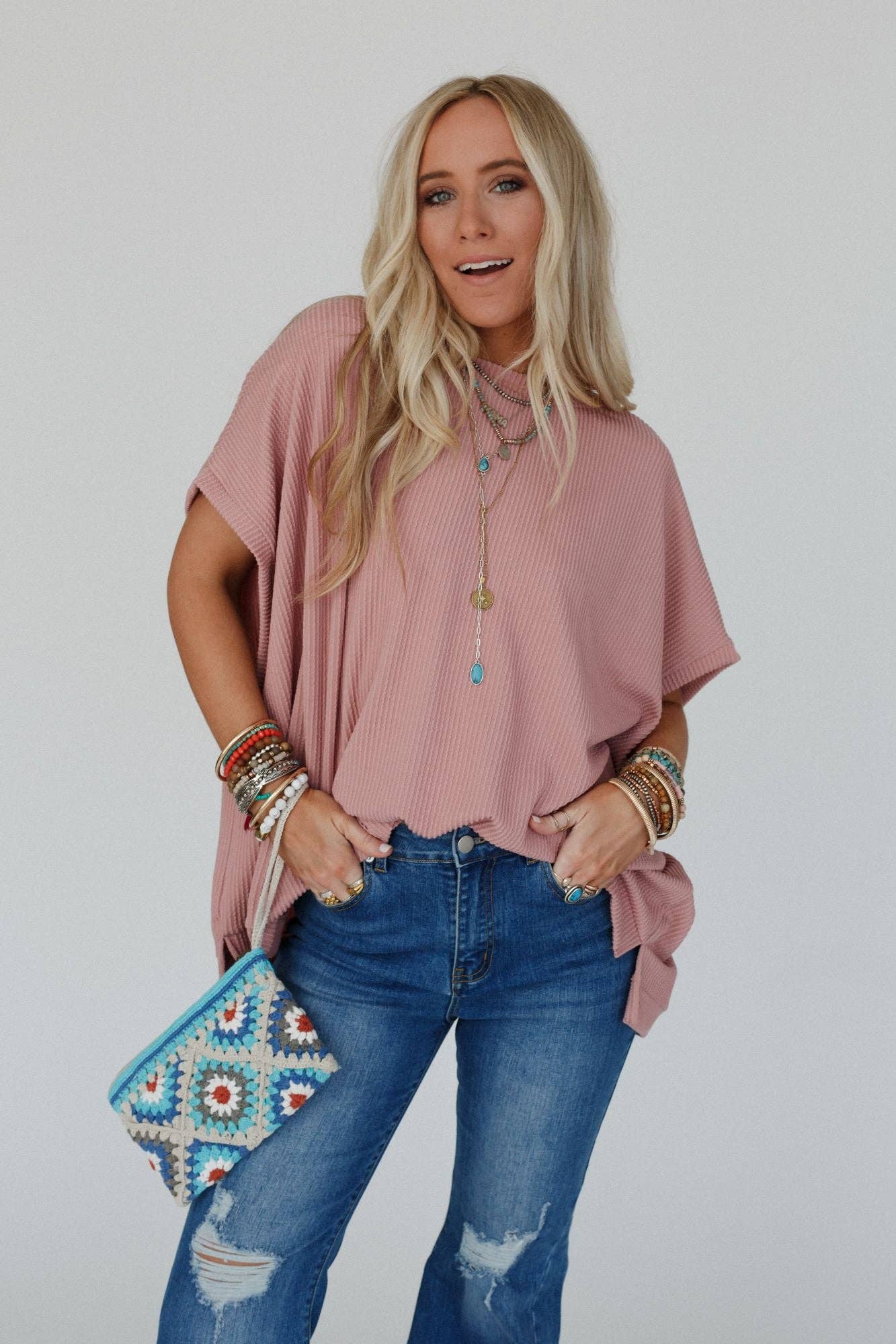 Three Bird Nest Moon Glow Texture Knit Top - Rose Faded