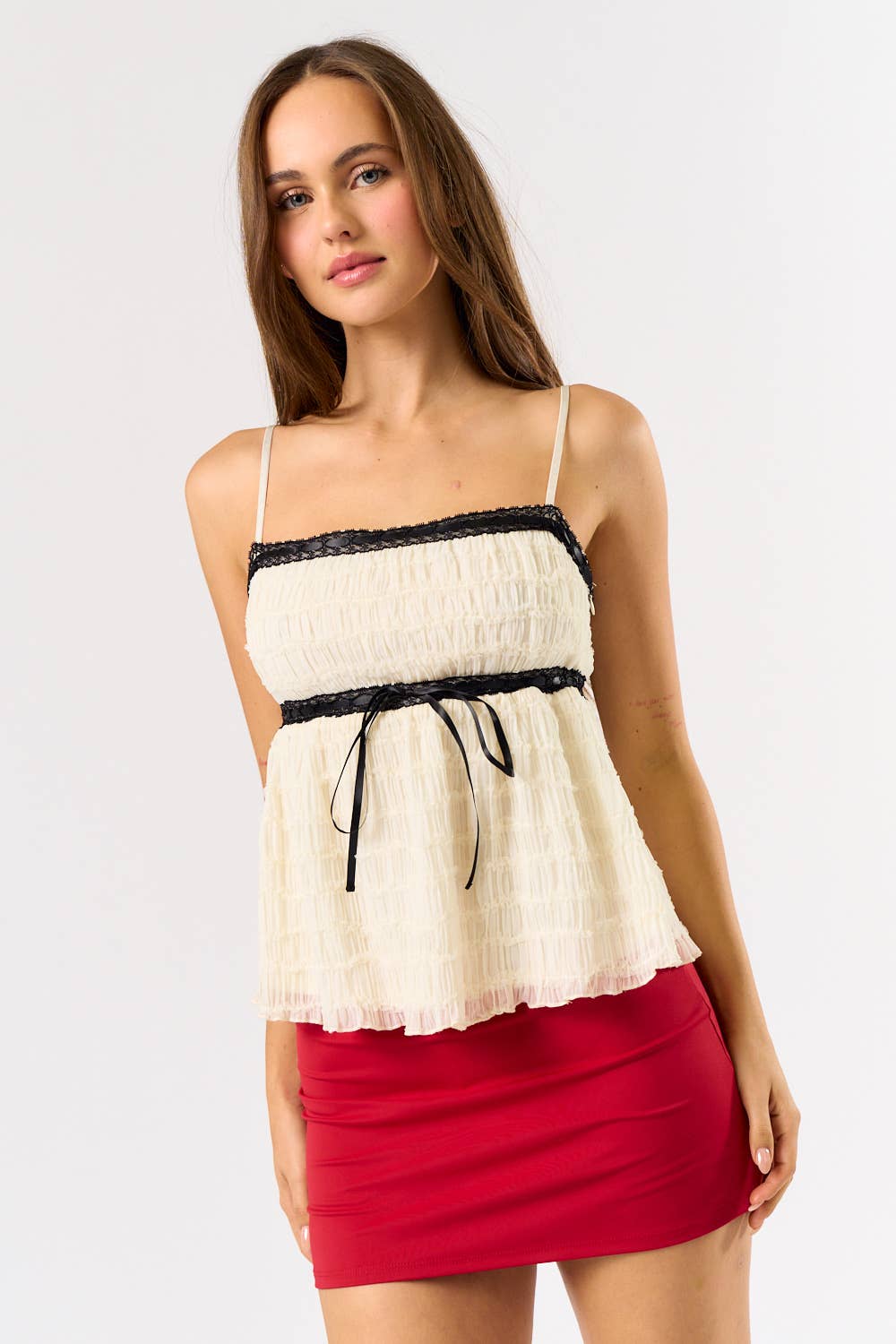 Blue Blush CONTRAST LACE MIX CHIFFON CAMI TOP OFF WHITE