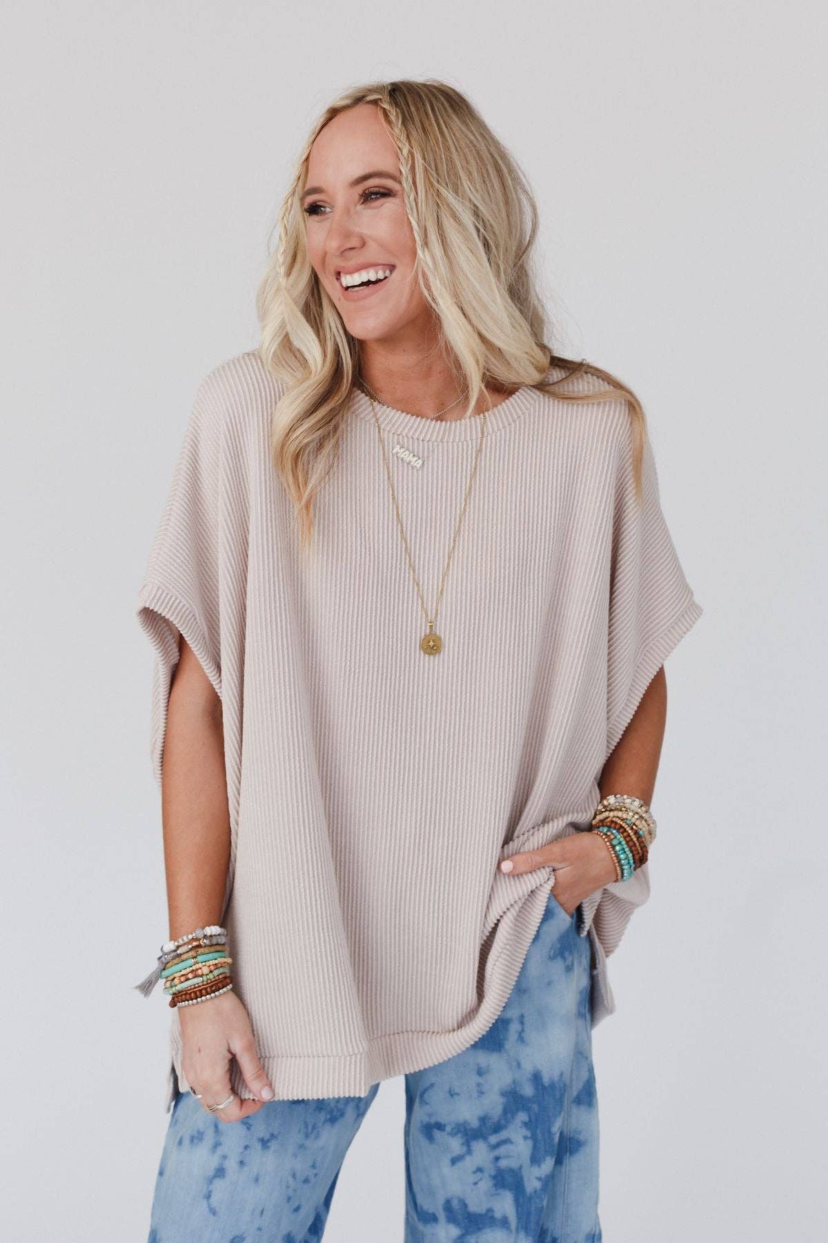 Three Bird Nest Moon Glow Texture Knit Top - Oat