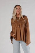 Three Bird Nest Solid Serenity Long Sleeve Babydoll Top - Chestnut Chestnut