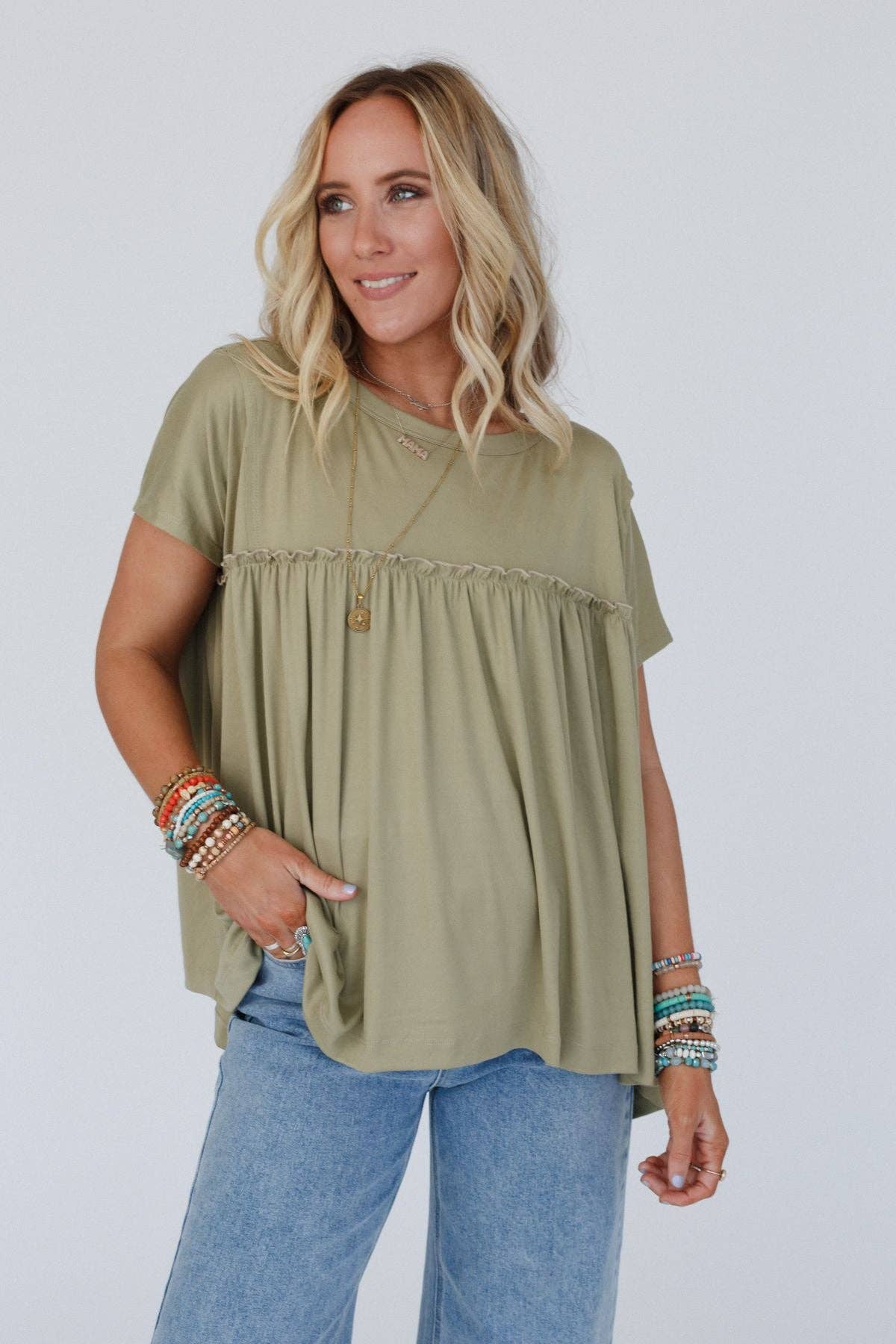 Three Bird Nest Sunday Morning Babydoll Top - Light Olive
