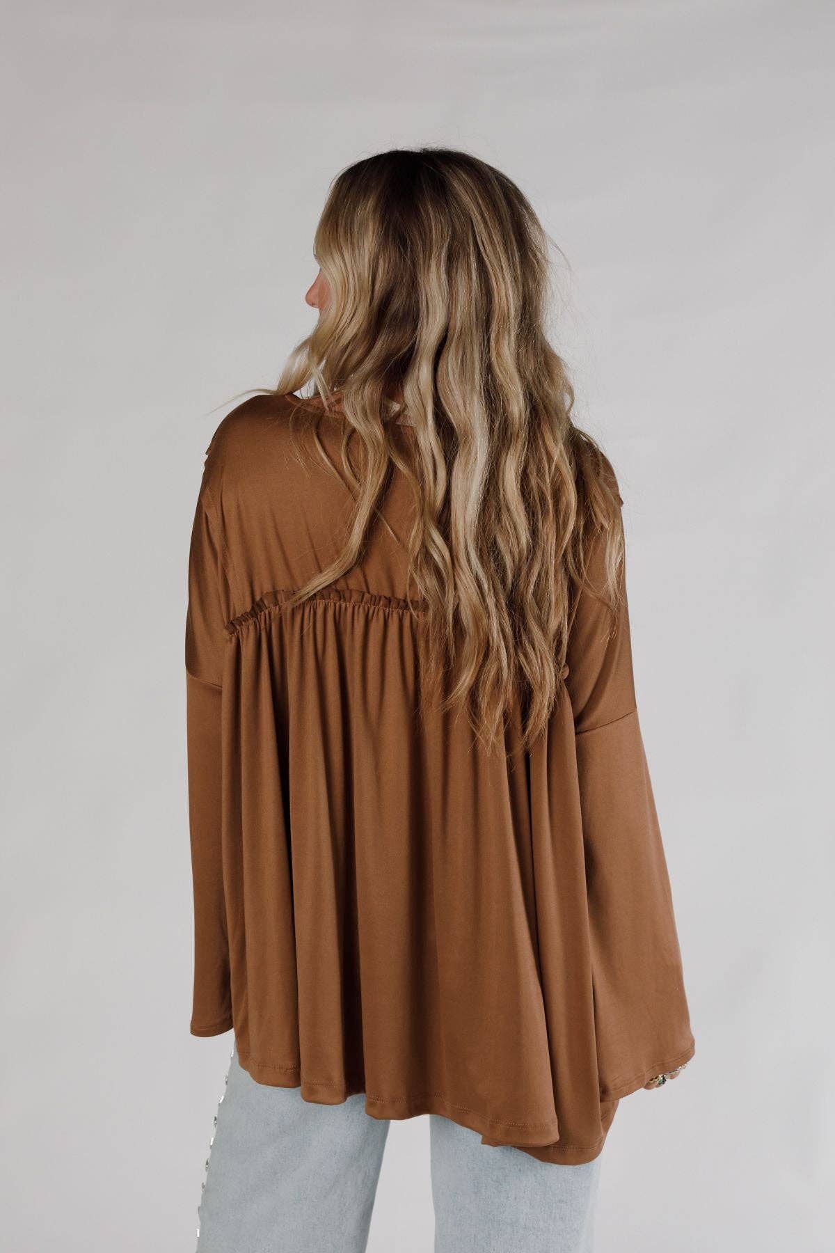 Three Bird Nest Solid Serenity Long Sleeve Babydoll Top - Chestnut