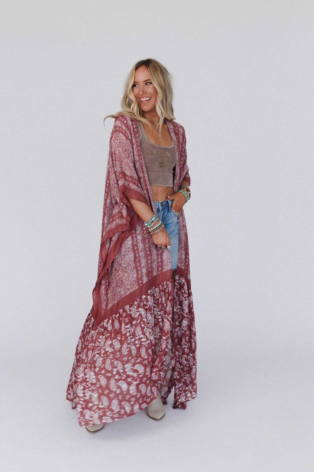 Three Bird Nest Paisley Tapestry Free Flow Duster - Wine