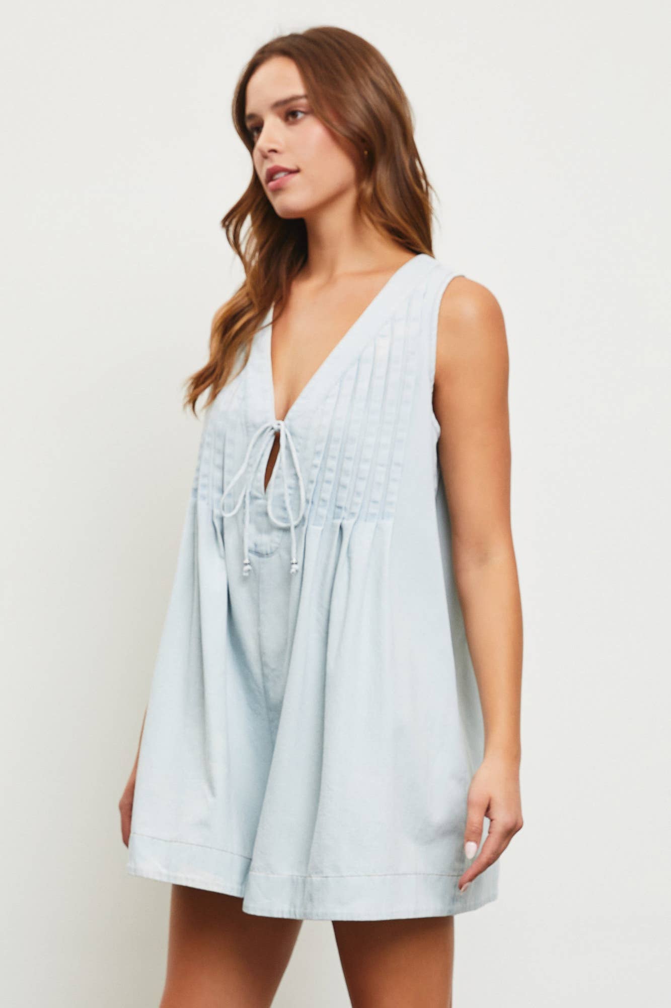 Mustard Seed TIE WITH PLEATED DENIM ROMPER