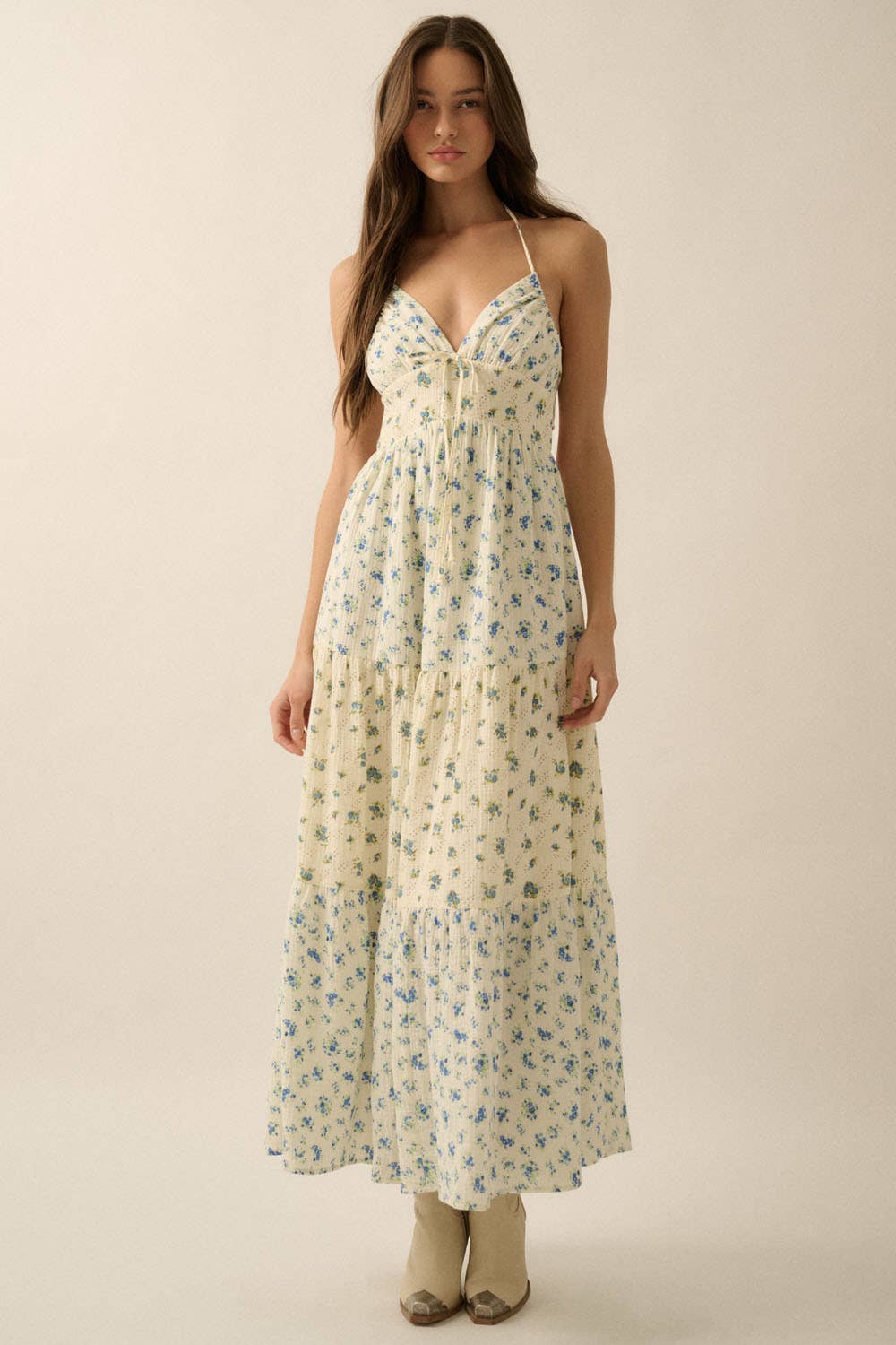 Promesa USA Floral Crinkle Cotton Colorblock Tiered Maxi Dress