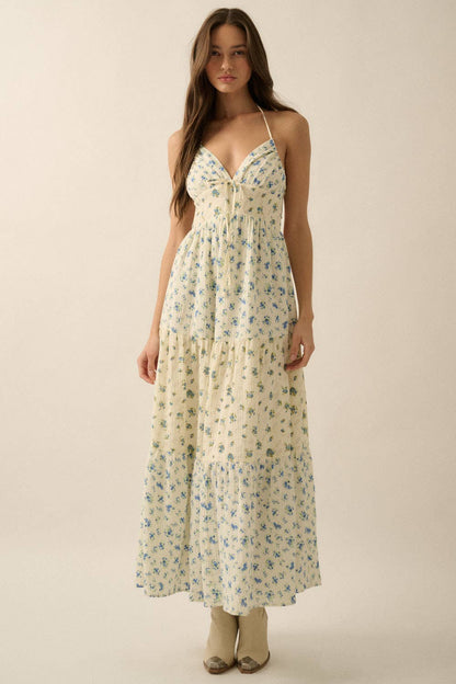 Promesa USA Floral Crinkle Cotton Colorblock Tiered Maxi Dress