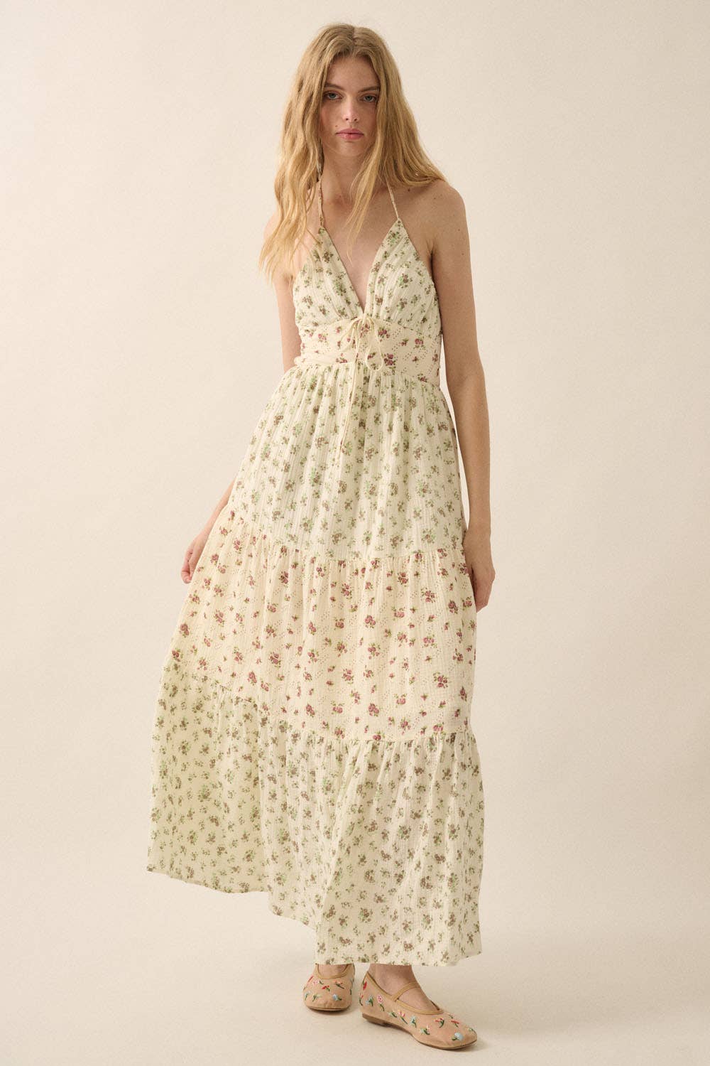 Promesa USA Floral Crinkle Cotton Colorblock Tiered Maxi Dress