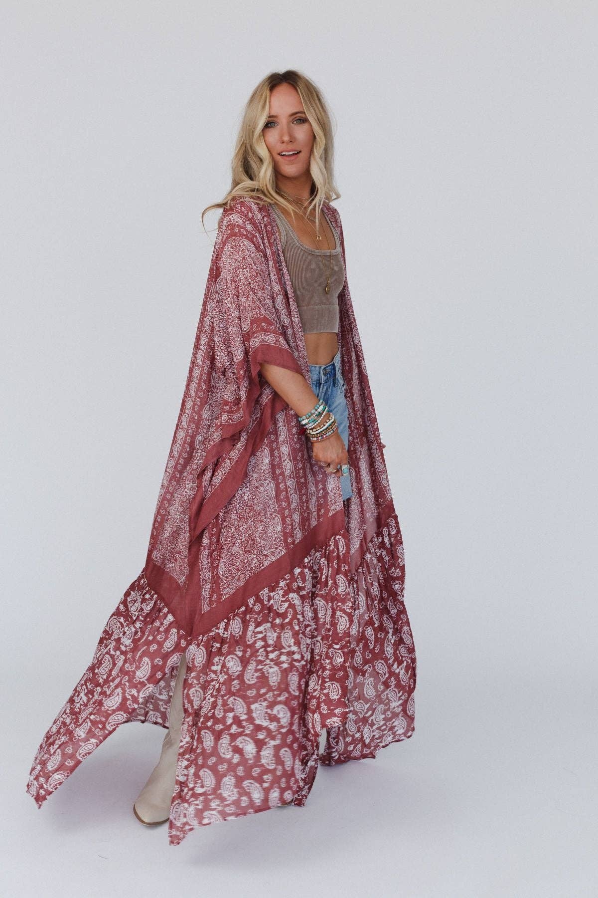 Three Bird Nest Paisley Tapestry Free Flow Duster - Wine