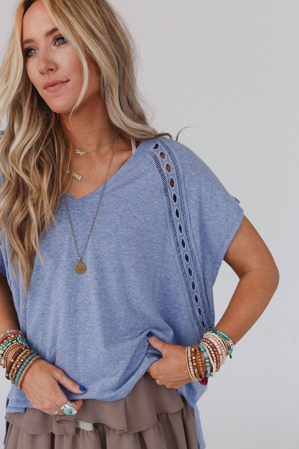 Three Bird Nest Camden Lace V Neck Top - Denim