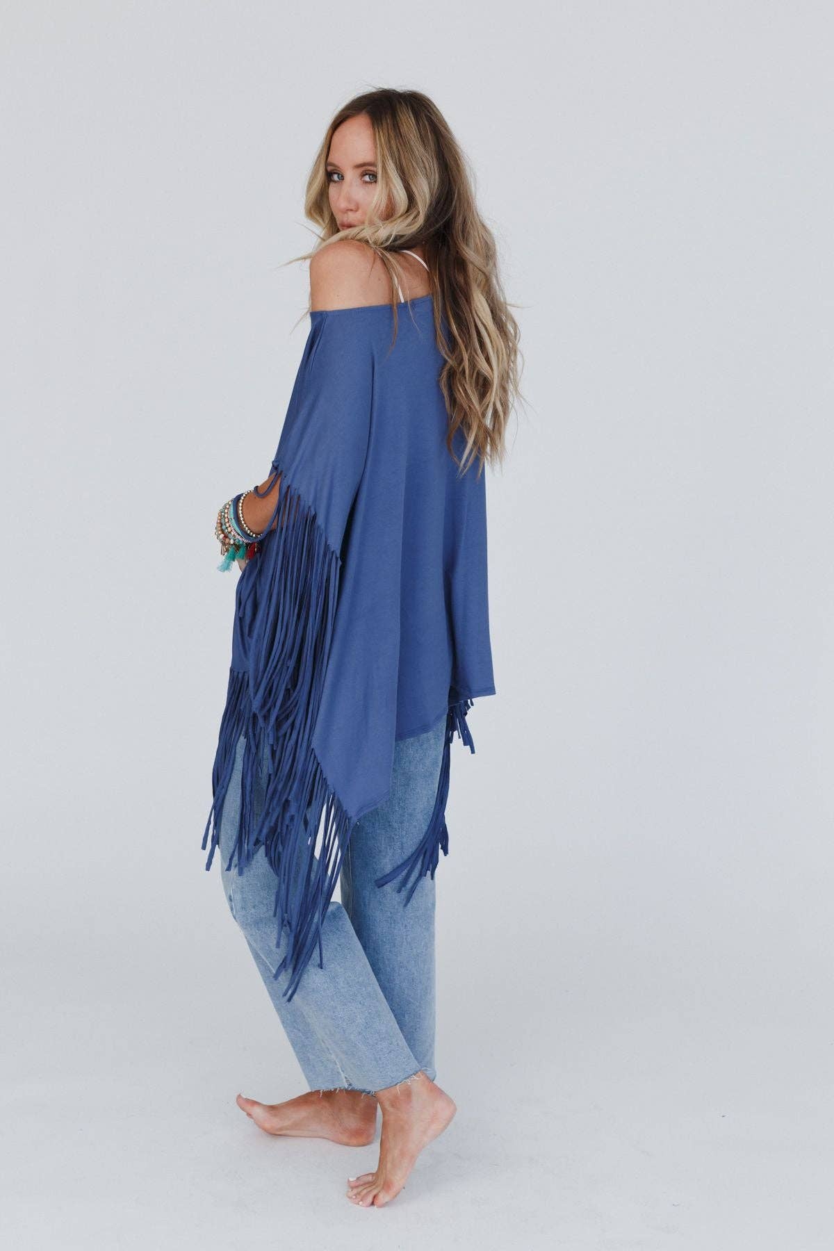 Three Bird Nest Western Showstopper Fringe Top - Denim