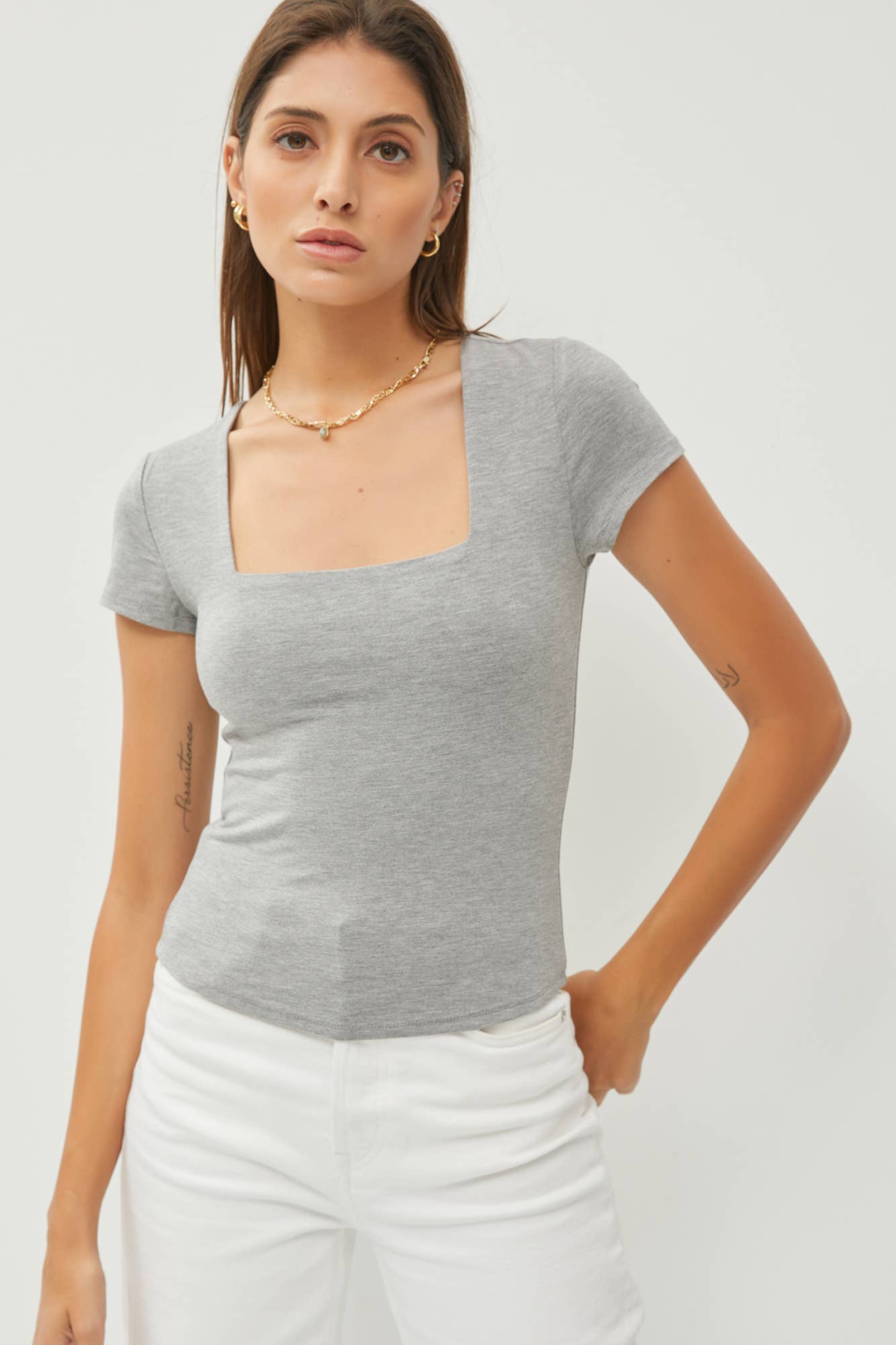 Be Cool BASIC THREADS SQUARE NECK KNIT TEE H Grey
