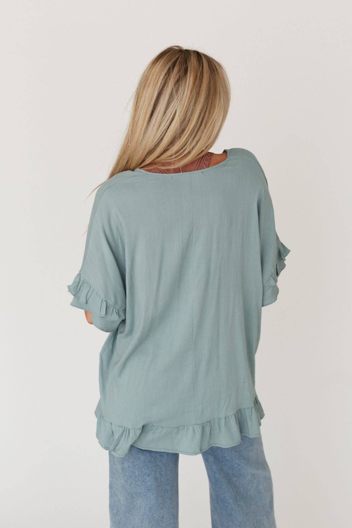 Three Bird Nest Let Me Be Ruffled Top - Beach Glass