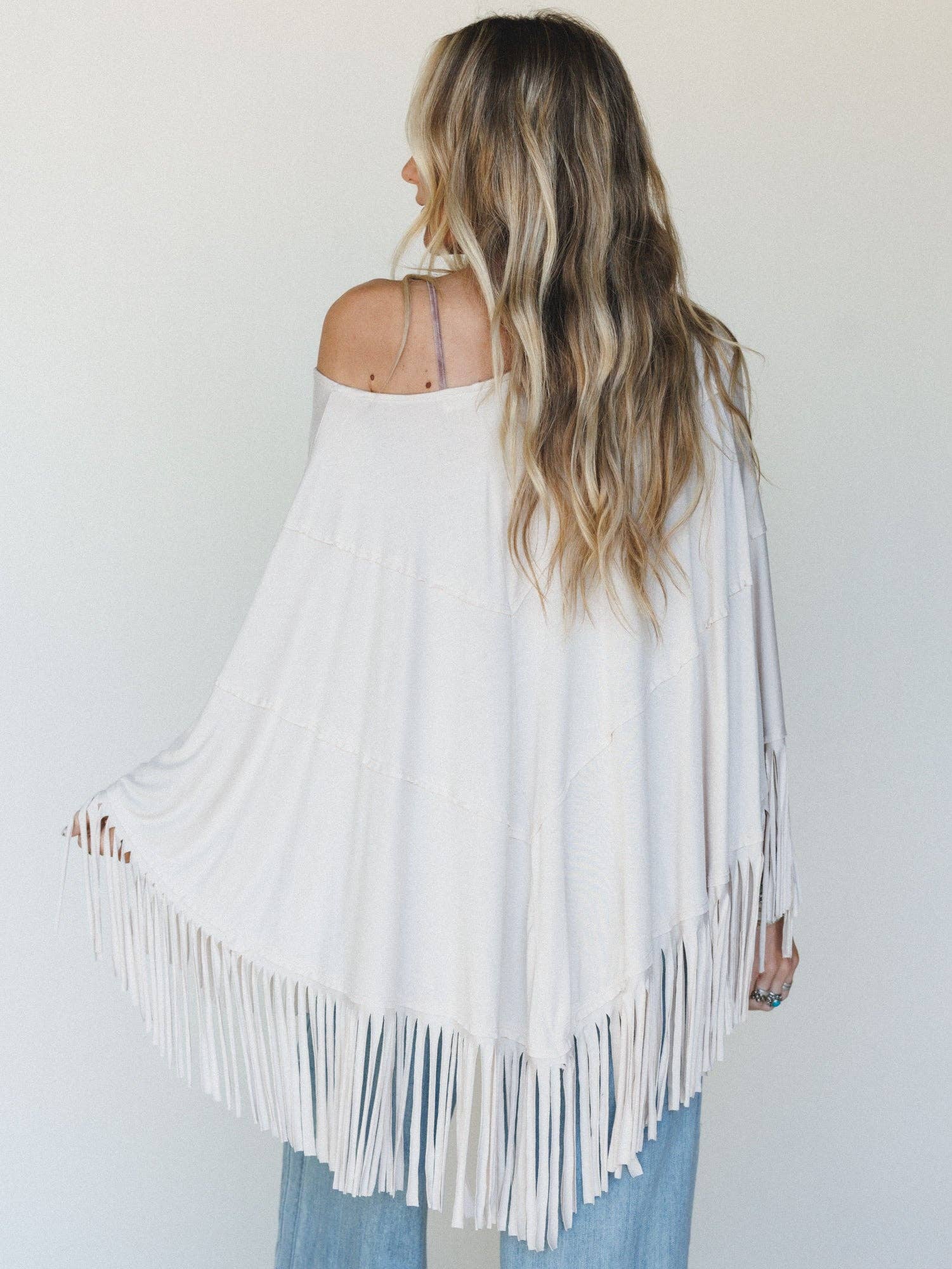 Three Bird Nest Showstopper Fringe Poncho - Oat