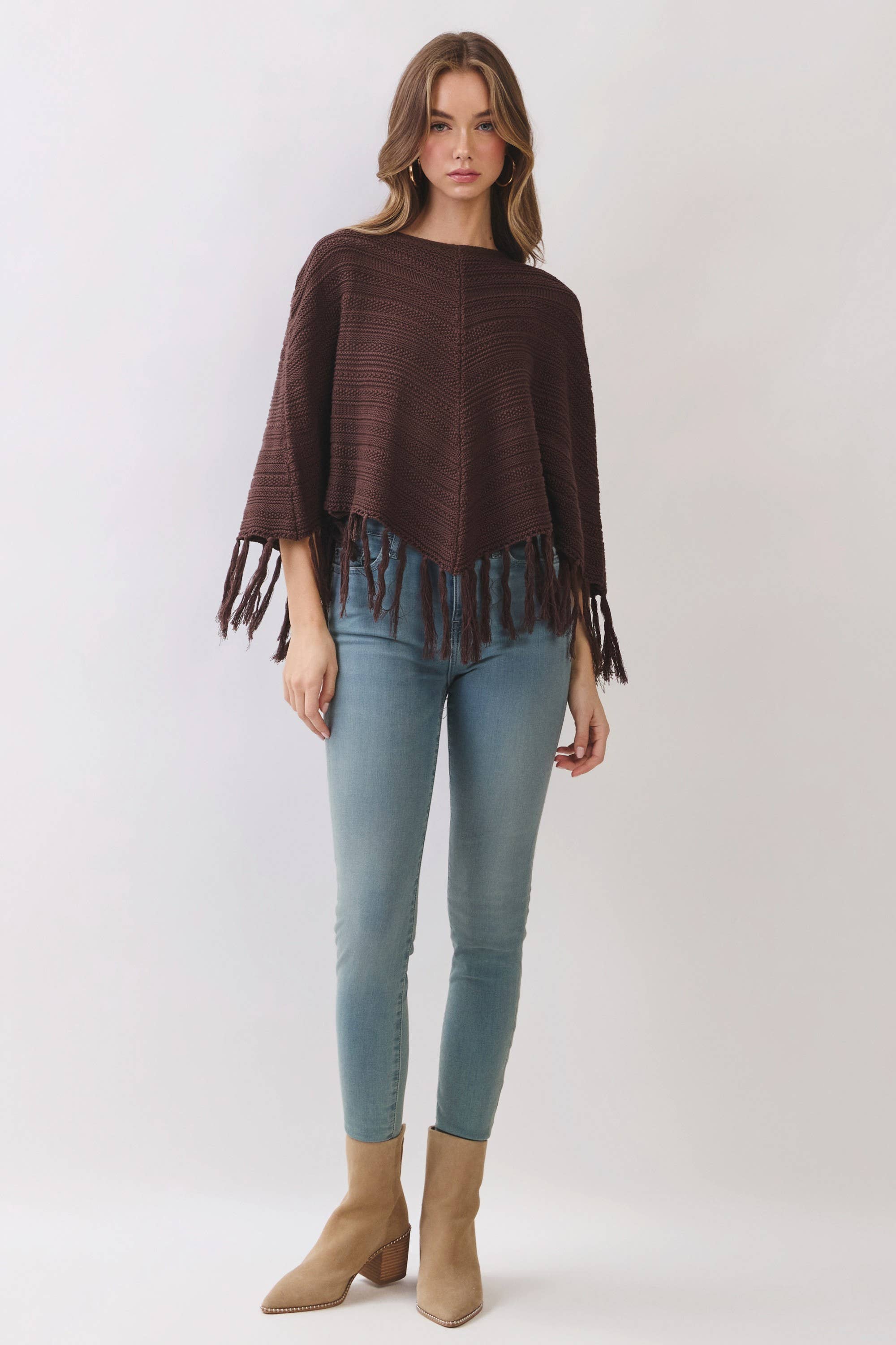 TCEC CW2663-Fringe Hem Boat Neckline Knit Poncho