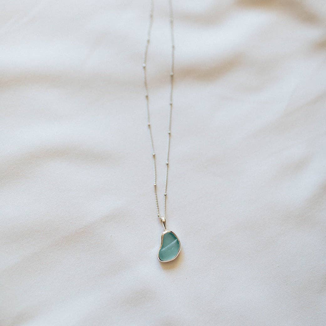 The Salty Gem Blue Sea Glass Necklace (Handmade)