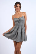 Sky to Moon DAMAGED: CHECKER PRINT FRONT TIE SMOCKED WAIST MINI DRESS Black