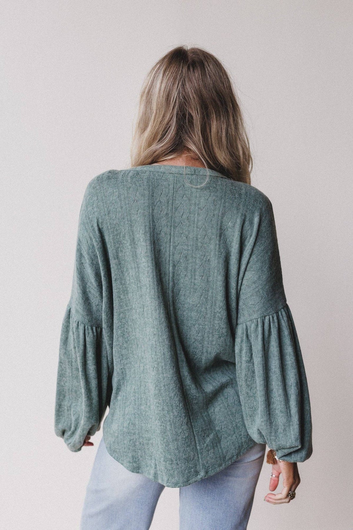 Three Bird Nest Sweet Heart Balloon Sleeve Knit Sweater - Olive