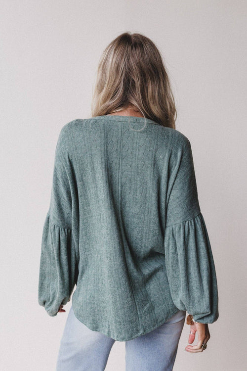 Three Bird Nest Sweet Heart Balloon Sleeve Knit Sweater - Olive