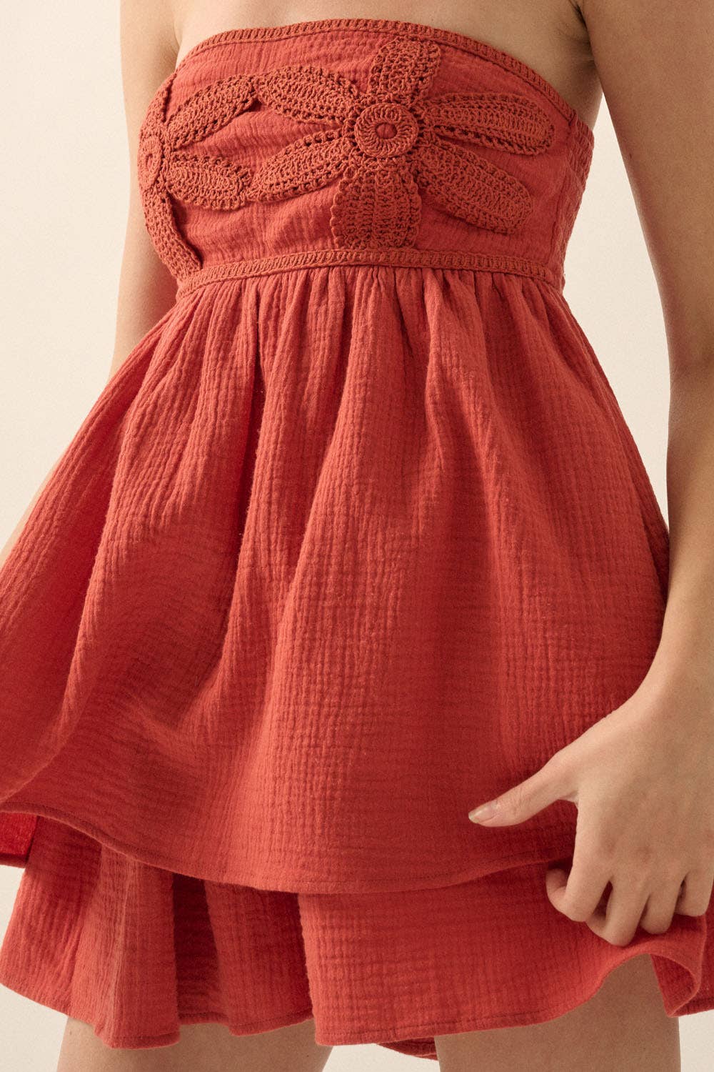 Promesa USA Crochet Lace-Trim Crinkle Cotton Babydoll Romper