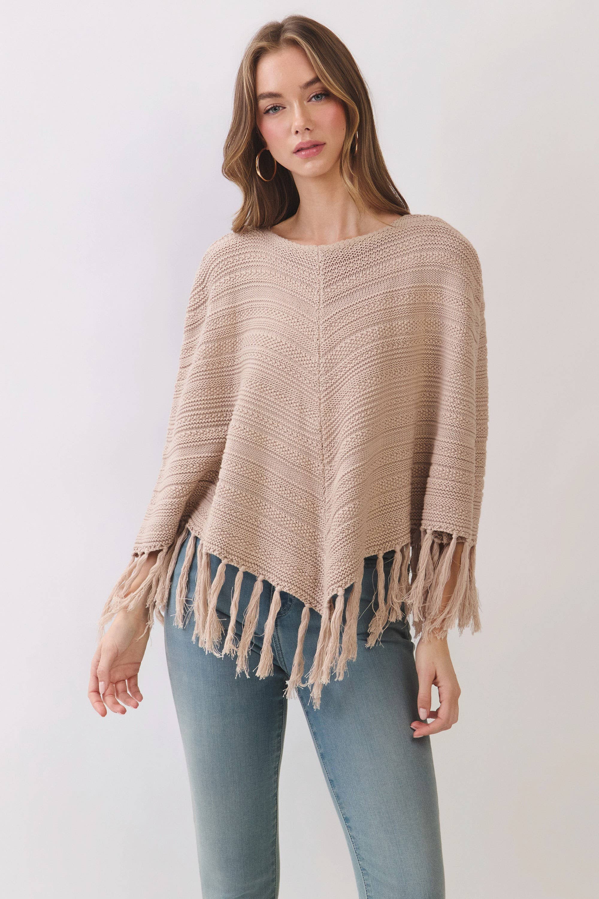 TCEC CW2663-Fringe Hem Boat Neckline Knit Poncho Beige